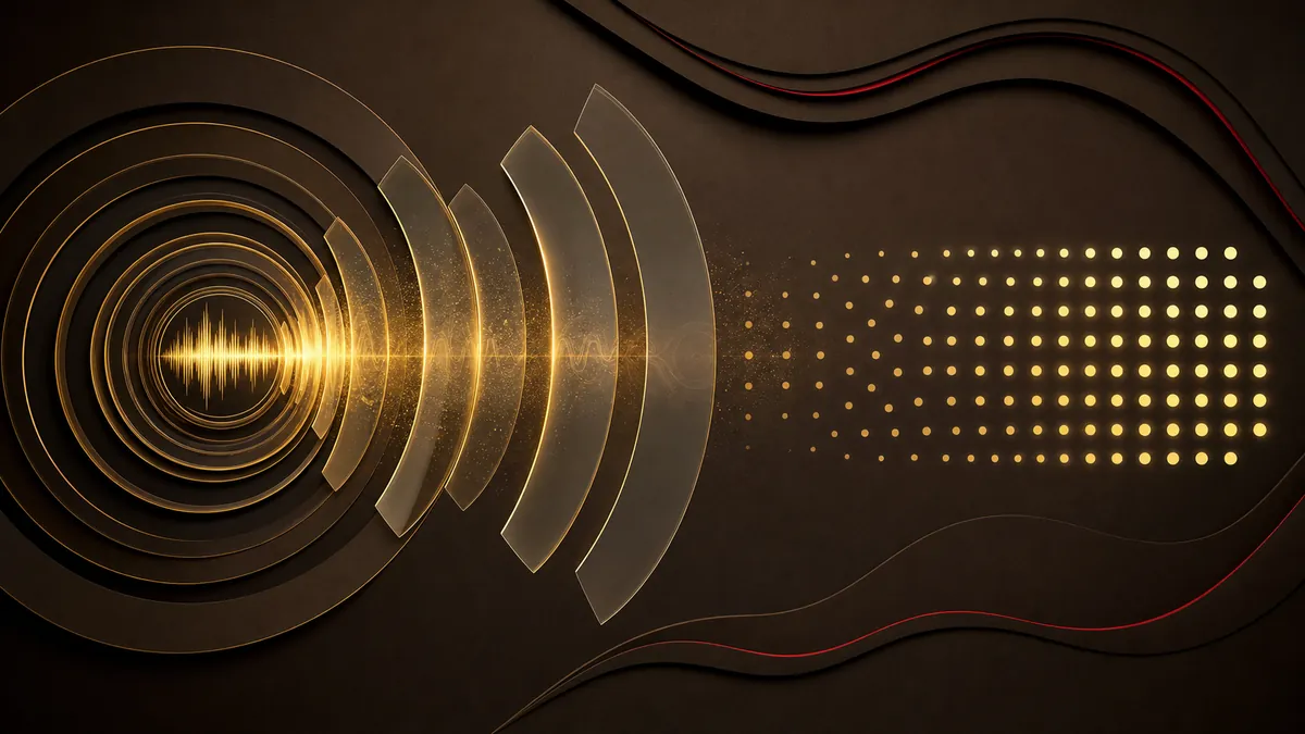 Abstract golden sound waves resolving into an organized pattern
