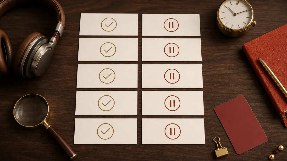 Headphones, decision cards, a clock and magnifying glass arranged on a buyer-check desk