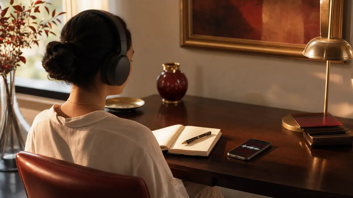 Adult using headphones beside a notebook during a quiet reflection routine
