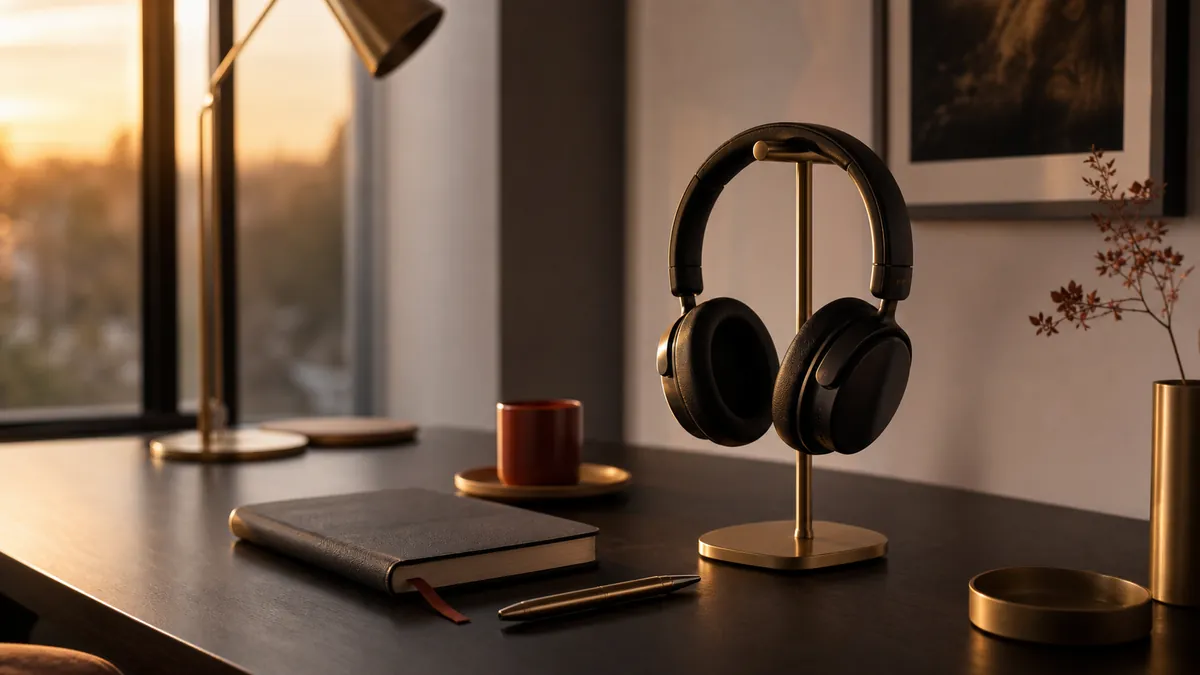 Serene evening workspace with headphones and a closed reflection notebook